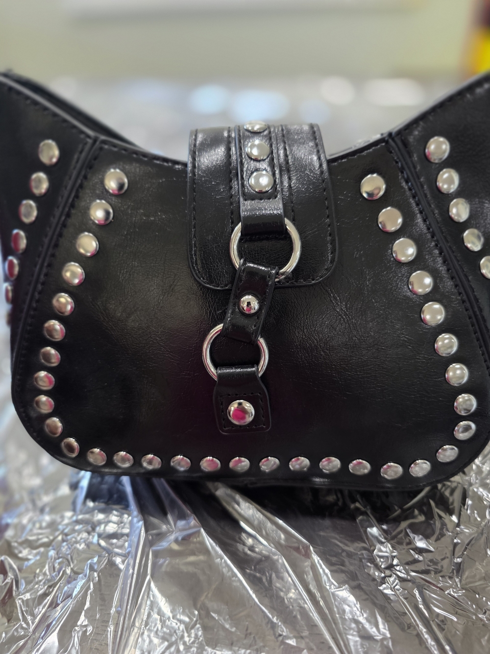 Black Studded Leather Shoulder Bag